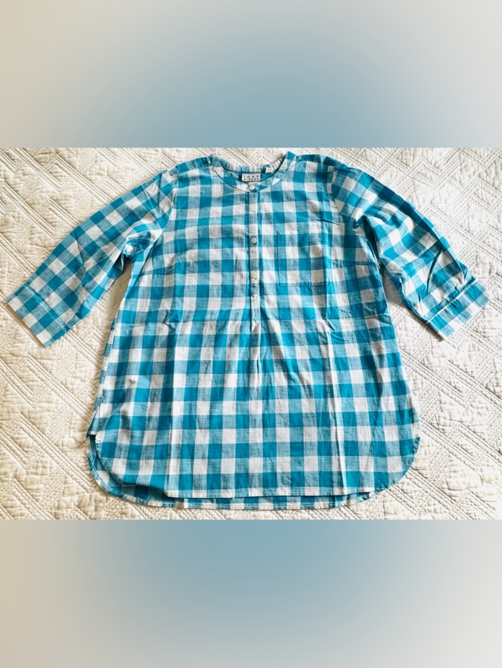 Joan Rivers Turquoise and White Cotton Gingham Tunic Swim Coverup - Large